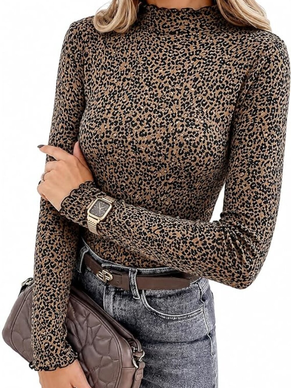 Womens Mock Neck Long Sleeve Tops Leopard Print Knit Slim Fit Shirt Ruffled NWT